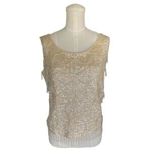 Vintage 60s Cream Beaded Sequin Sleeveless Shell Tank Top Fringe Wool Iridescent